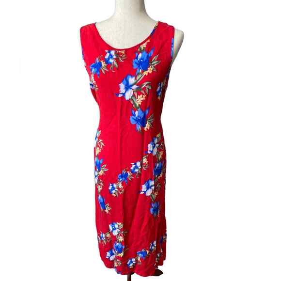 Red Hawaiian tropical Floral Tie‎ Back Dress Midi women’s Vintage Medium Large - Picture 1 of 6